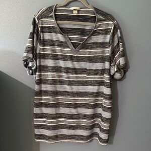 CJ Banks Black and Gray Striped V-Neck Women’s SS Tee 3X